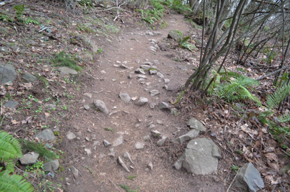 Mather Road trail with large rocks, steep grade and cross slope